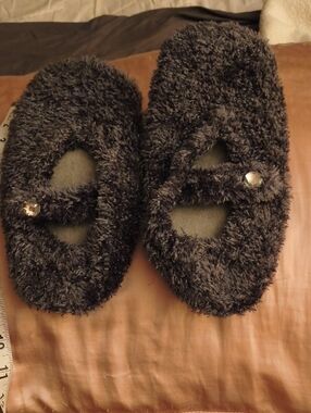Fuzzy Mary Jane Sock Slippers for Women - Charcoal Gray 9"length 3-3/4" Wide